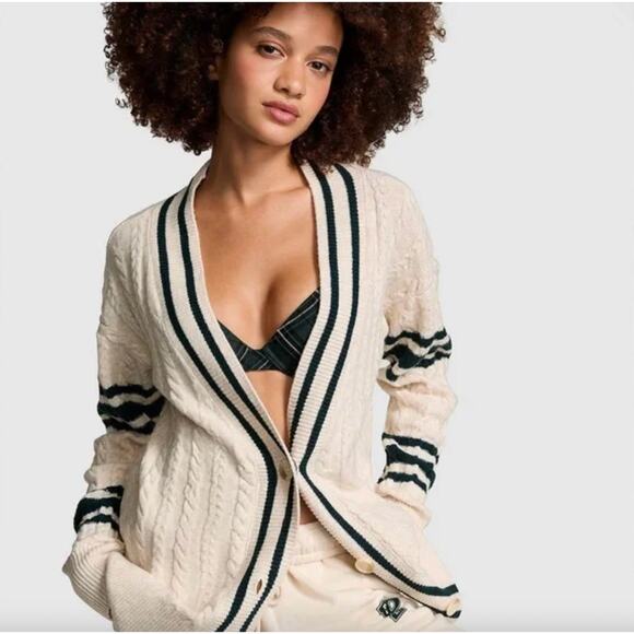 PINK Victoria Secret Beige Cardigan Sweater Preppy Cable Knit Oversized Medium - Picture 1 of 10